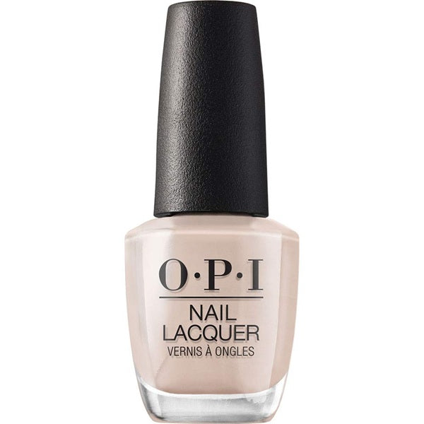 OPI nail lacquer bottle with beige color on a white background
