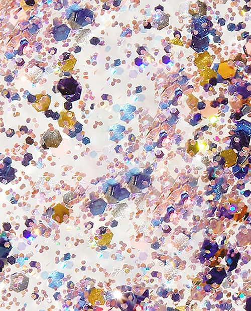 Multicolored glitter nail polish swatch on a white background