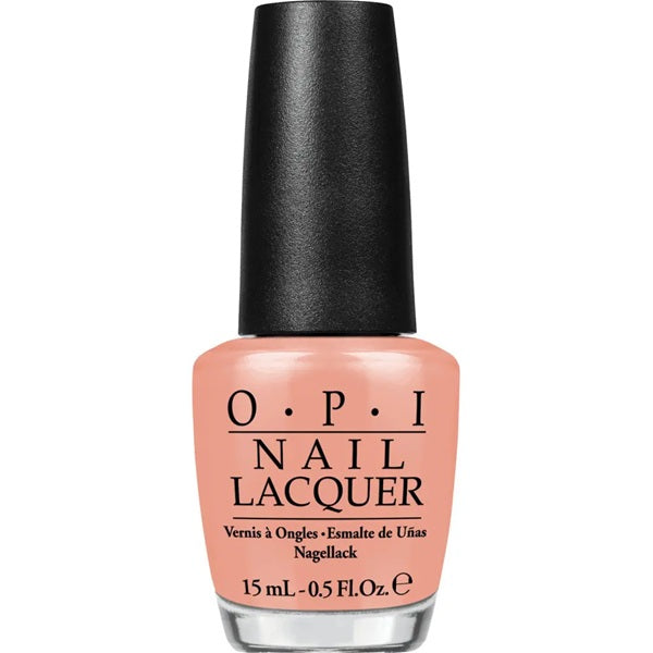 OPI nail lacquer bottle with black cap and pink body on a white background