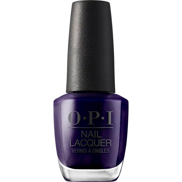 OPI nail lacquer bottle with a dark indigo blue color on a white background