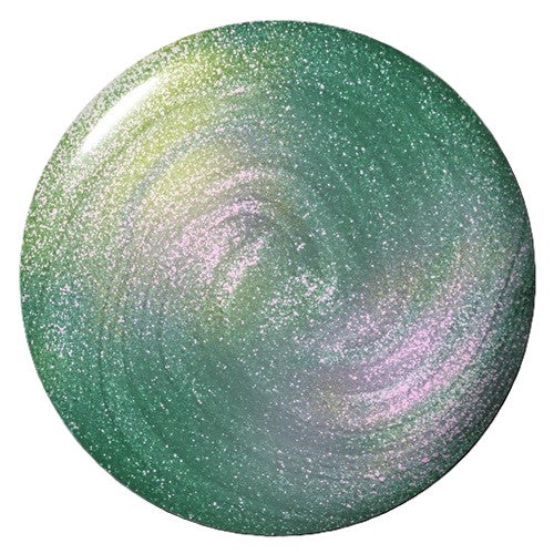 Round, iridescent object with a gradient of green, purple, and yellow on a white background