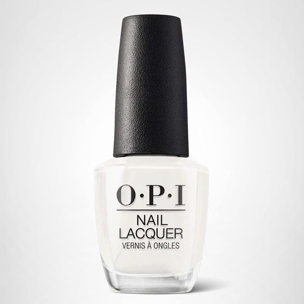 OPI white nail lacquer bottle with black cap on a white background
