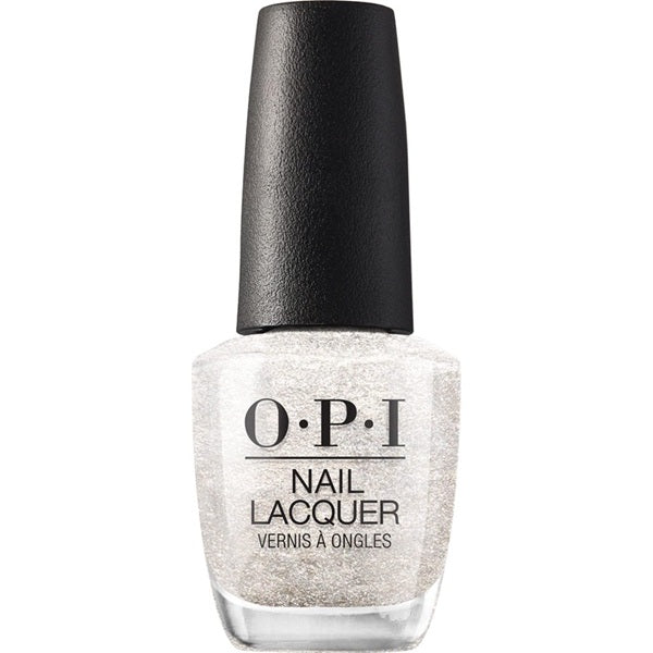 OPI silvery white nail polish bottle with glittery finish on a white background