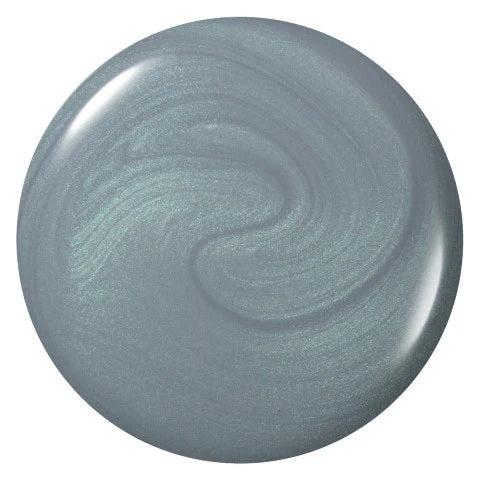 Round swatch of gray nail polish on a white background