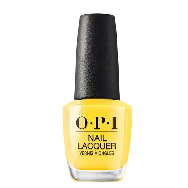 OPI yellow nail polish bottle with black cap on a white background