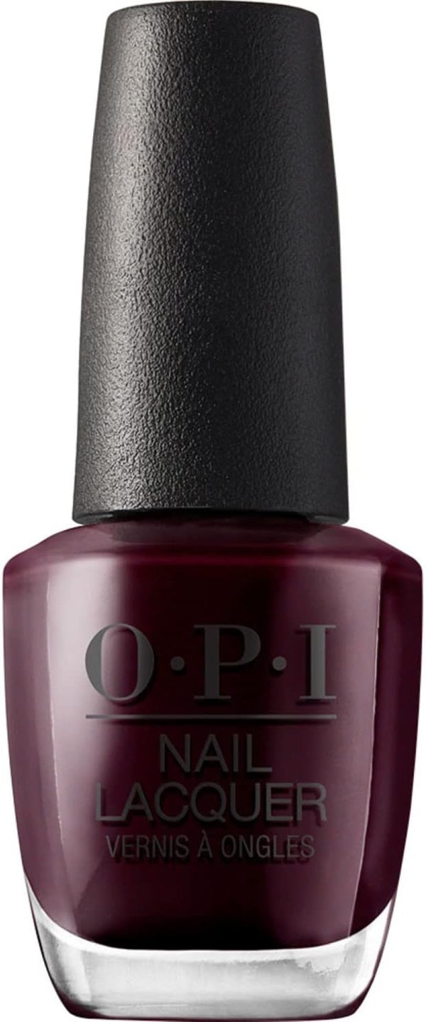 OPI nail lacquer bottle with dark burgundy red color and black cap