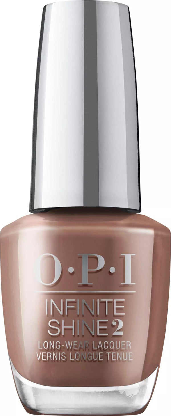 OPI Infinite Shine nail polish bottle in a brown color with silver cap