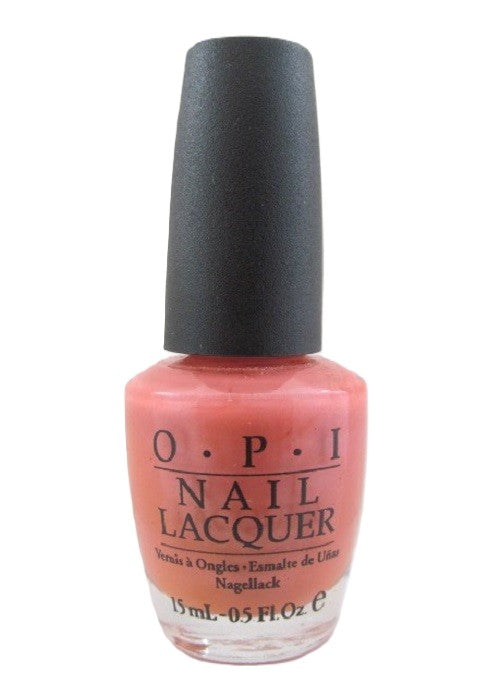 OPI nail lacquer bottle with pink/peach color and black cap on a white background