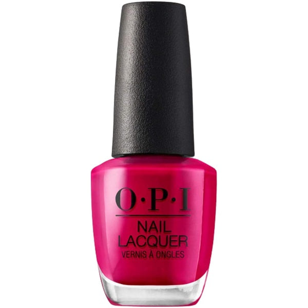 OPI nail polish bottle with bright pink color on a white background