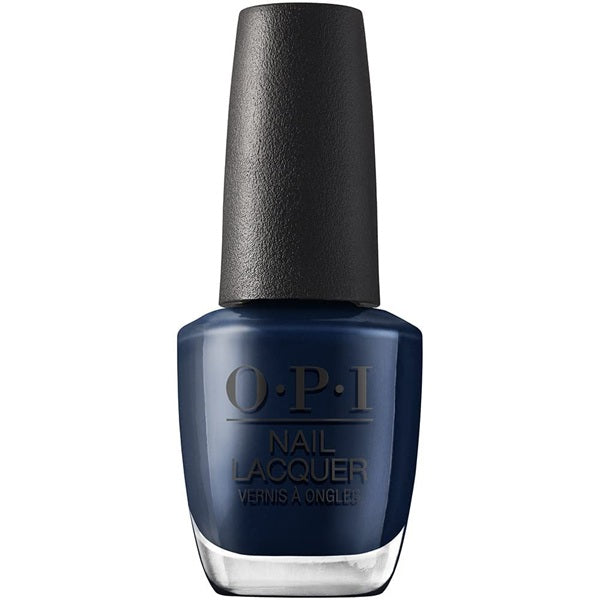 OPI nail polish bottle with dark blue color on a white background