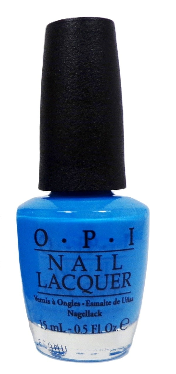 OPI bBlue nail polish bottle with black cap on a white background