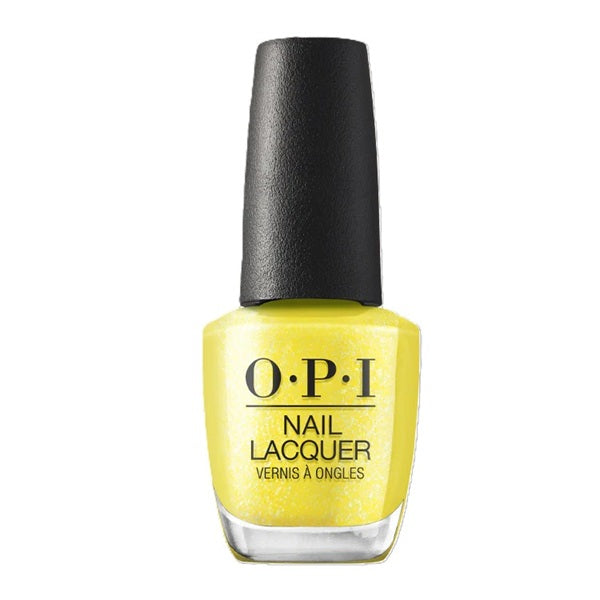 OPI Yellow nail polish bottle with black cap on a white background