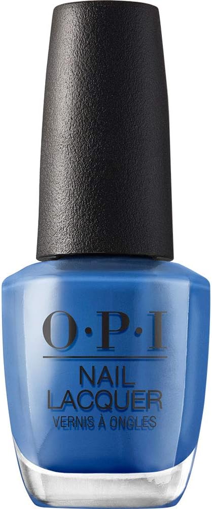 OPI blue nail polish bottle with black cap on a white background