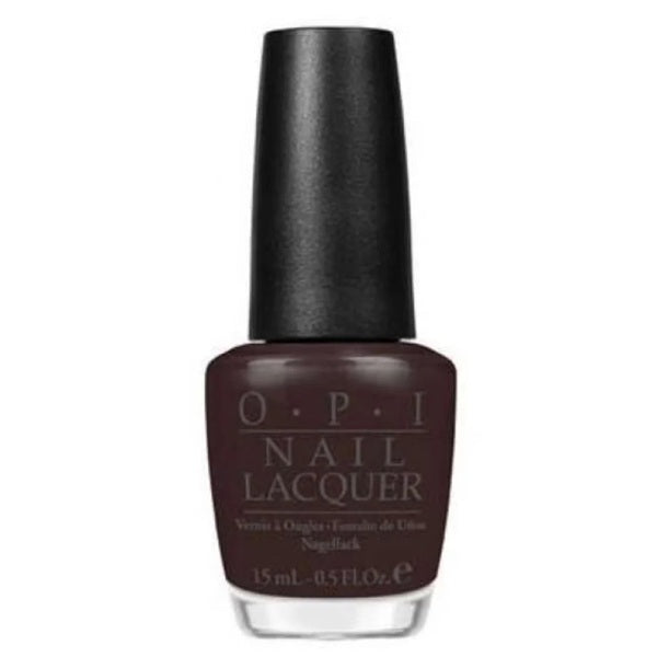 OPI nail lacquer bottle with dark brown color on a white background
