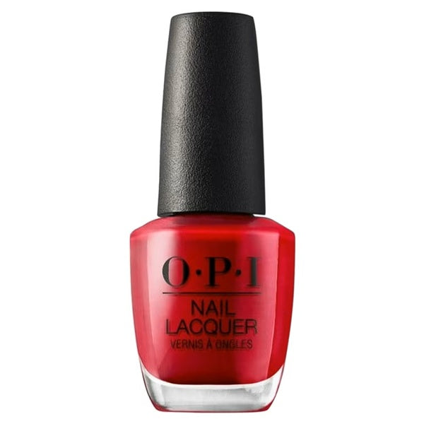 OPI red nail polish bottle with black cap on a white background