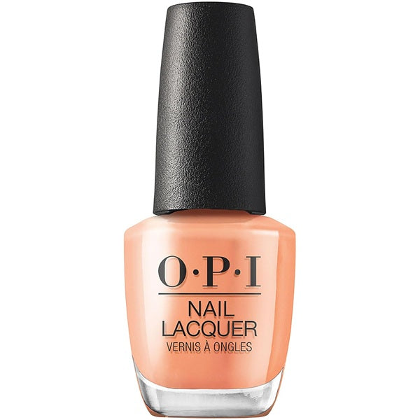 OPI orange nail polish bottle with peach color and black cap on white background