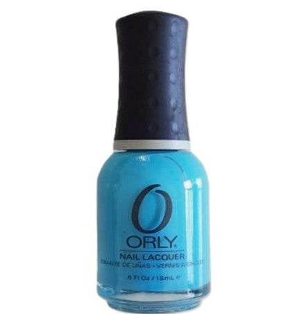 A bottle of Orly nail polish in a vibrant sky blue color.
