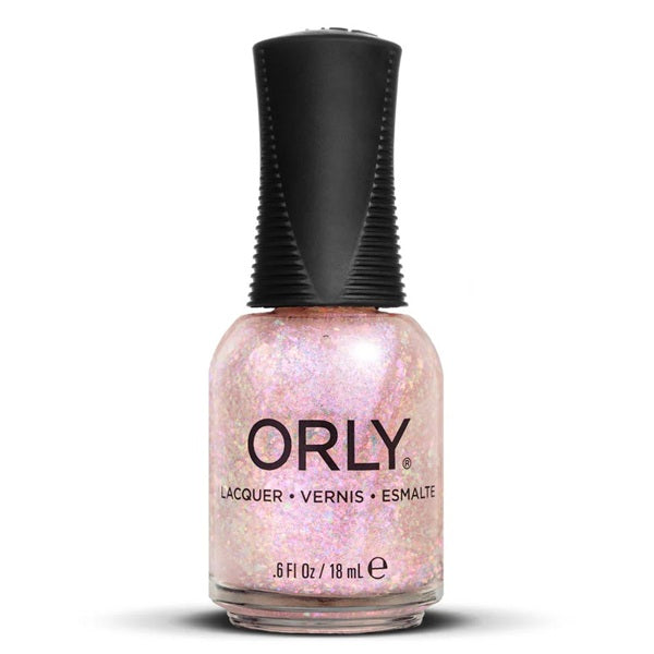 Orly nail polish bottle with pink glittery polish on a white background