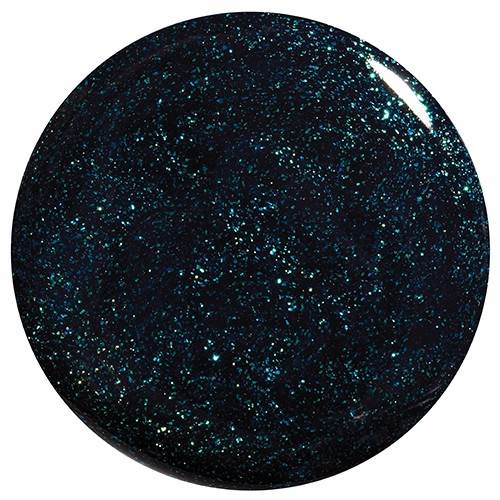 Round dark teal blue glittery nail polish swatch on a white background