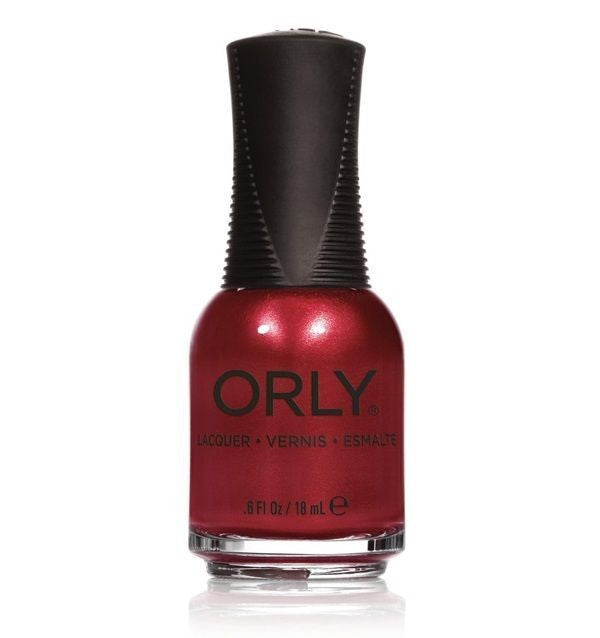 A bottle of Orly nail polish in a shimmering mauve color with a frosted shimmer finish.