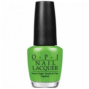 A bottle of OPI Nail Polish in a bright grassy green color, with the brand's logo and the name of the color/product visible.