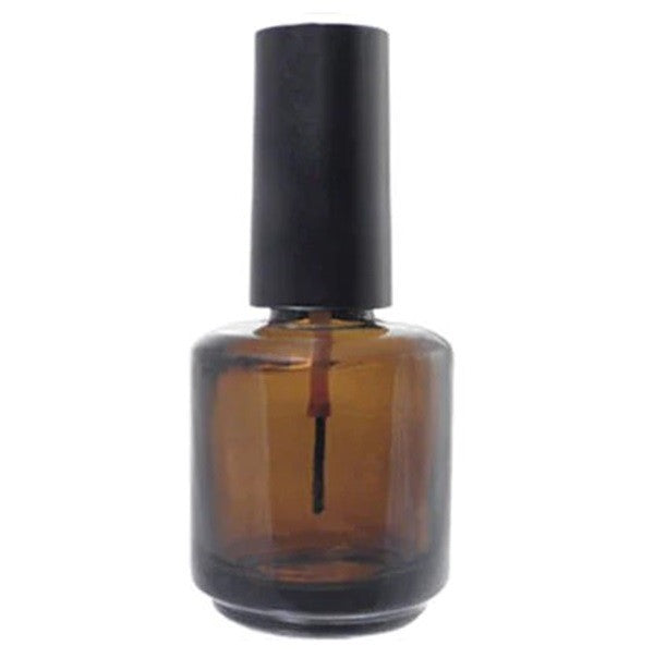 Amber glass nail polish bottle with a black cap and a brush, .50 oz size.