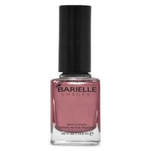 A bottle of Barielle nail polish in a metallic raspberry shimmer color with plum and mauve undertones.