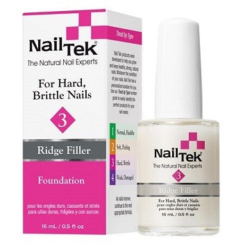 Nail Tek Foundation 3 Ridge Filler Base Coat packaging and bottle. The packaging is primarily white and pink with text and the Nail Tek logo.