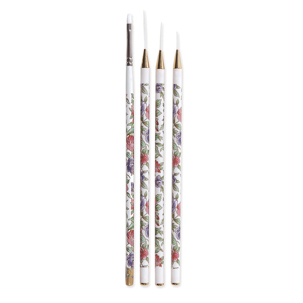 A set of four nail art brushes with different floral patterns, each with a white handle and gold ferrules.