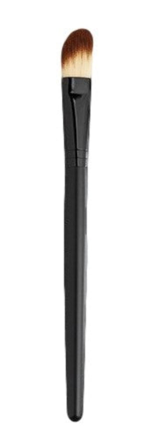 Angled makeup foundation brush with white bristles and brown tip on a black handle.