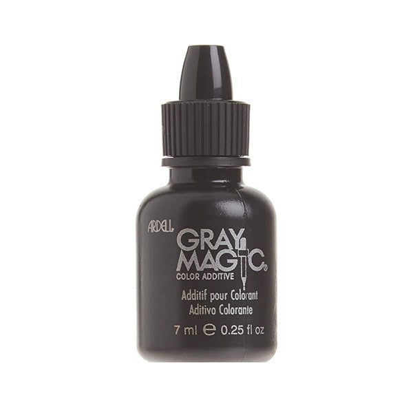A bottle of Ardell Gray Magic hair color additive, with a dropper cap, labeled for covering gray hair.