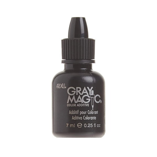 A bottle of Ardell Gray Magic hair color additive, with a dropper cap, labeled for covering gray hair.