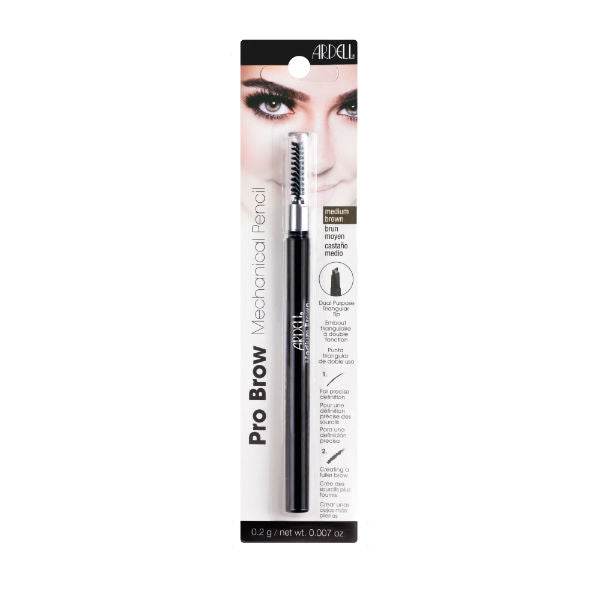Ardell Mechanical Brow Pencil in black, triangular shaped with a fine pointed tip, packaged in a clear plastic casing with the brand name and product details printed on the front.