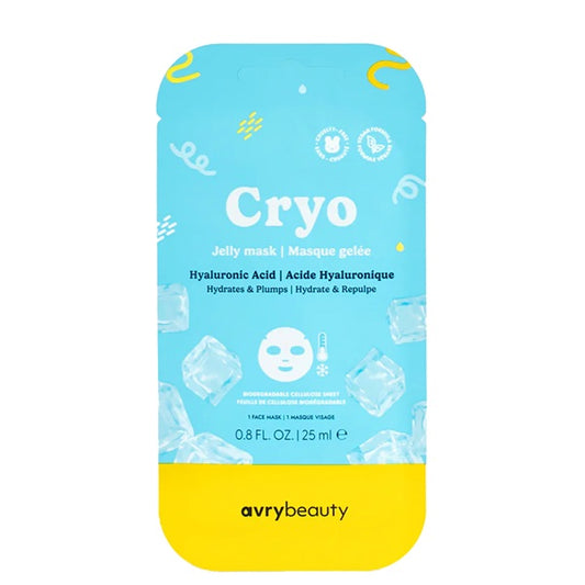 Avry Beauty Cryo jelly mask packaging with blue and yellow design