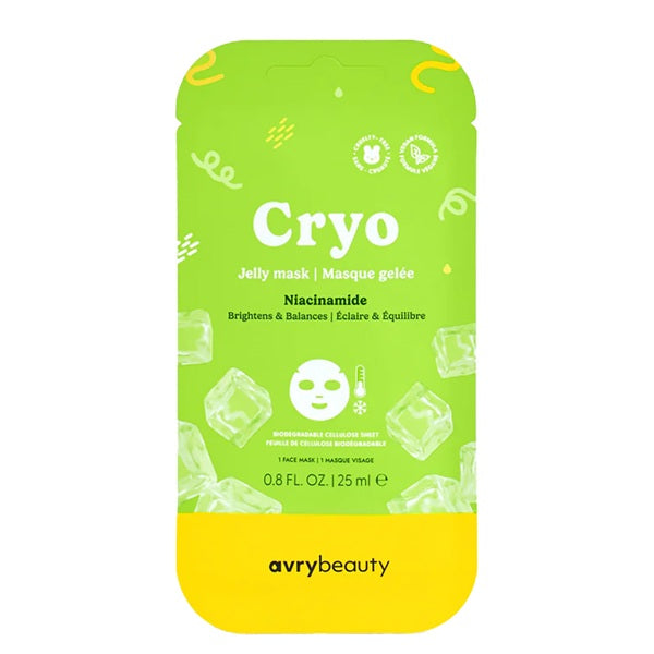 Avry Beauty Cryo jelly mask packaging with green and yellow design
