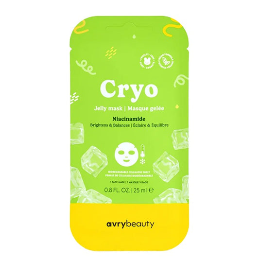 Avry Beauty Cryo jelly mask packaging with green and yellow design
