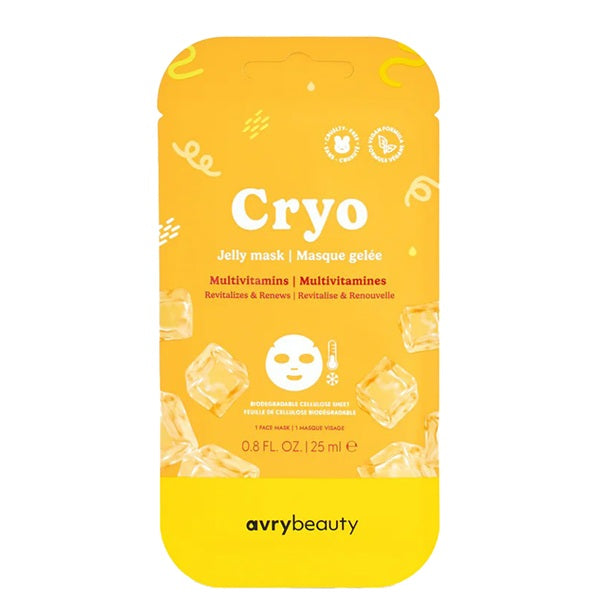 Yellow jelly mask packaging with 'Cryo' and 'avrybeauty' branding on a white background