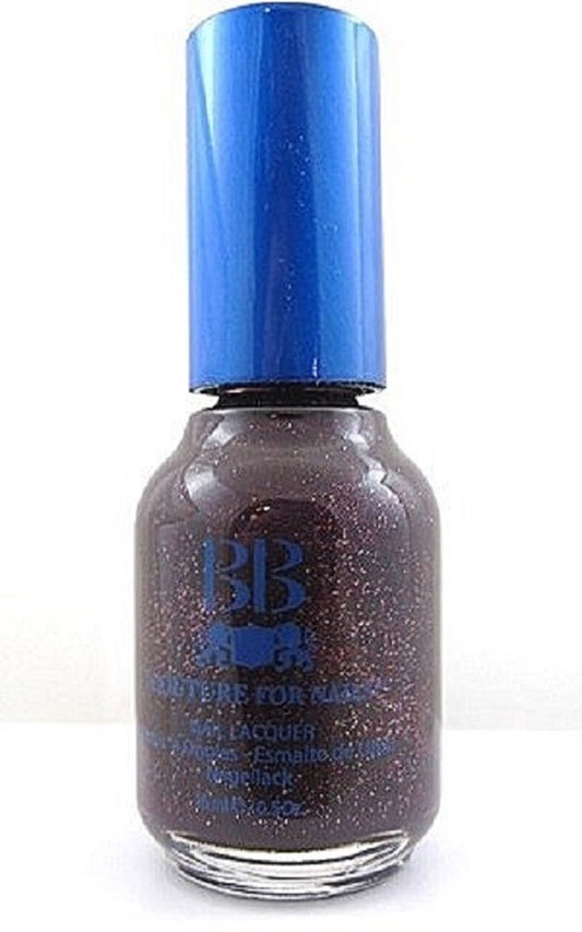 A bottle of BB Couture Nail Polish in a color called Black Widow, which is a blackened plum nail color with subtle red micro-glitter.
