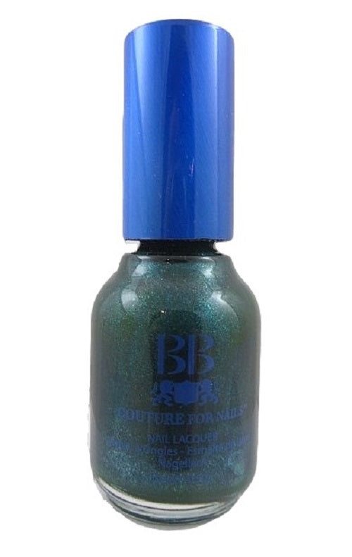 BB Couture green nail polish bottle with blue cap and label on a white background