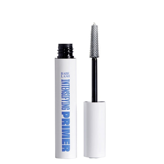 Eyelash primer with white casing and black wand on a white background
