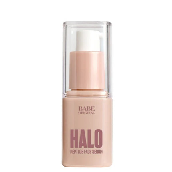 Bottle of Halo Peptide Face Serum with clear cap on a white background