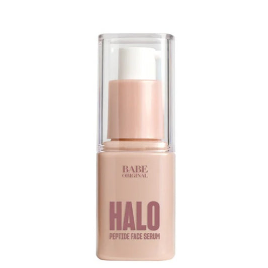 Bottle of Halo Peptide Face Serum with clear cap on a white background