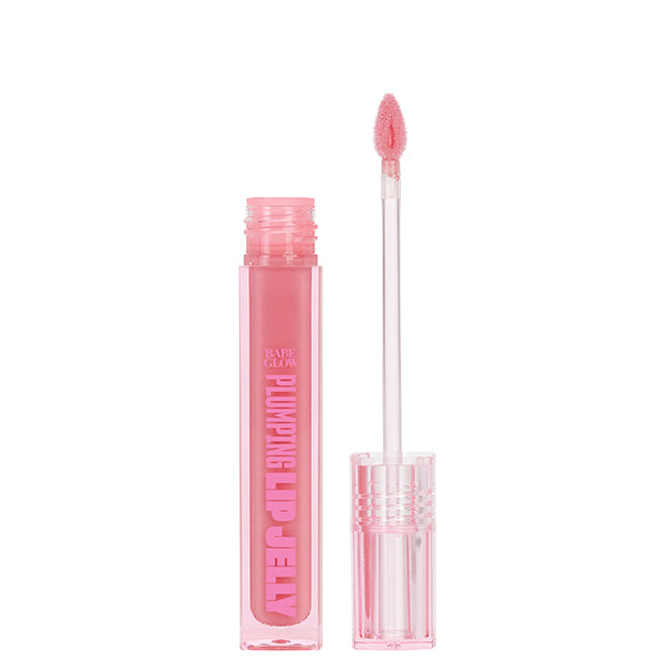Pink plumping lip gloss with applicator on a white background