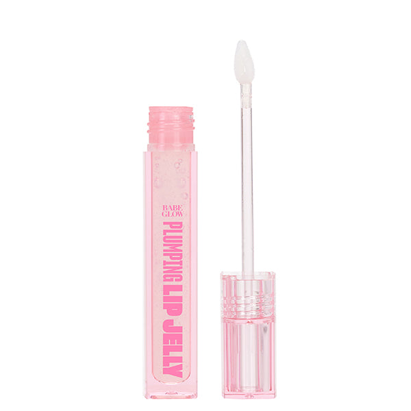 Clear plumping lip jelly with applicator on a white background