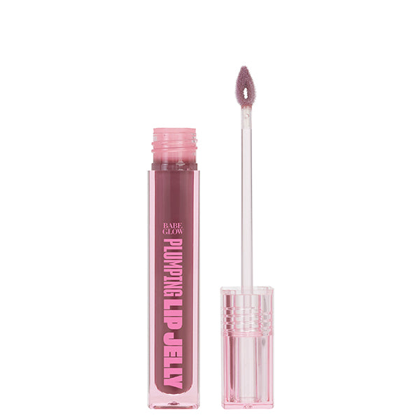 Mauve lip jelly product with applicator on a white background