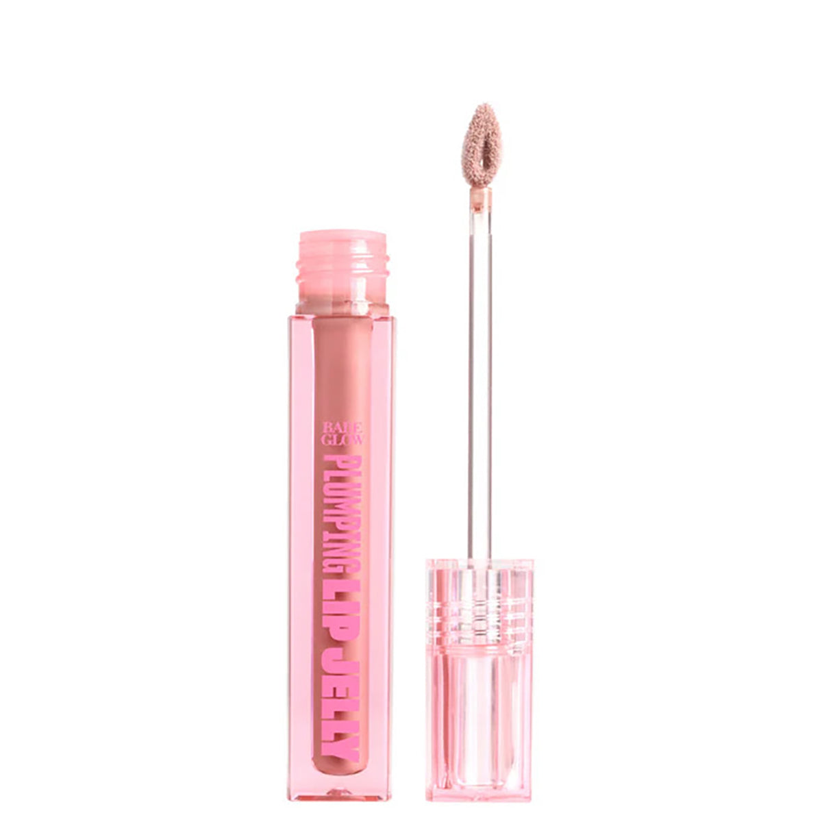 Nude lip gloss with applicator on a white background