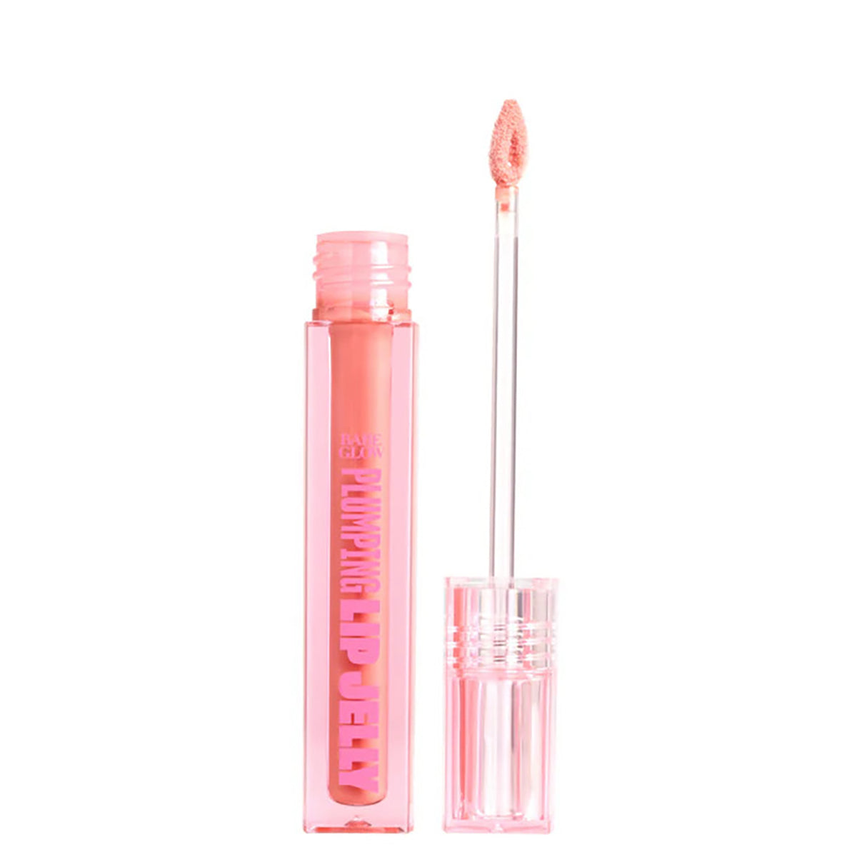 Peach plumping lip gloss with applicator on a white background
