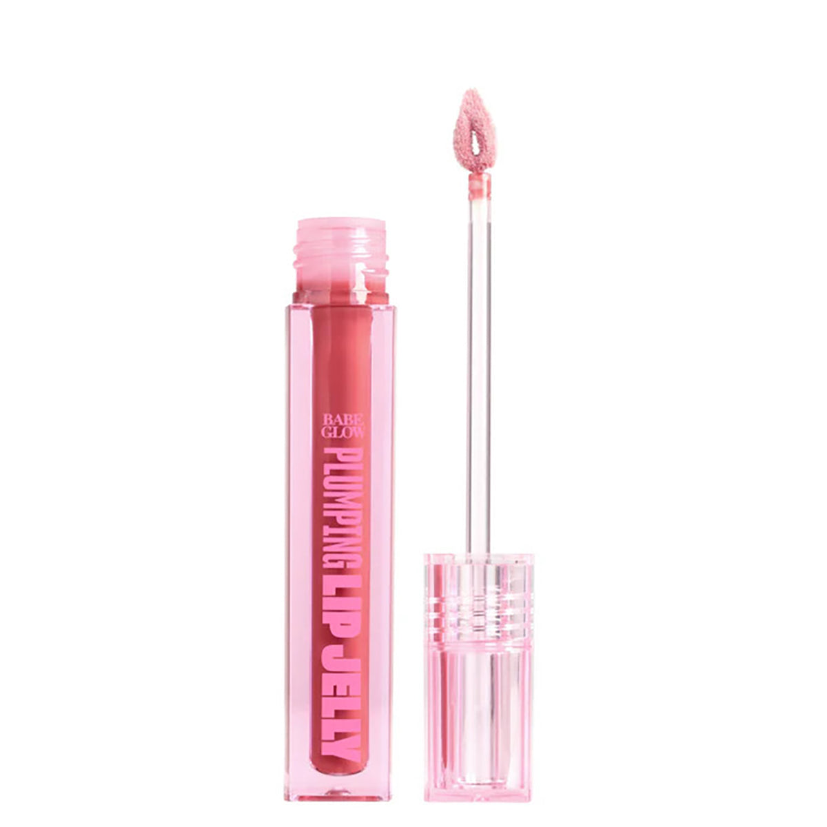 Pink plumping lip gloss with applicator on a white background