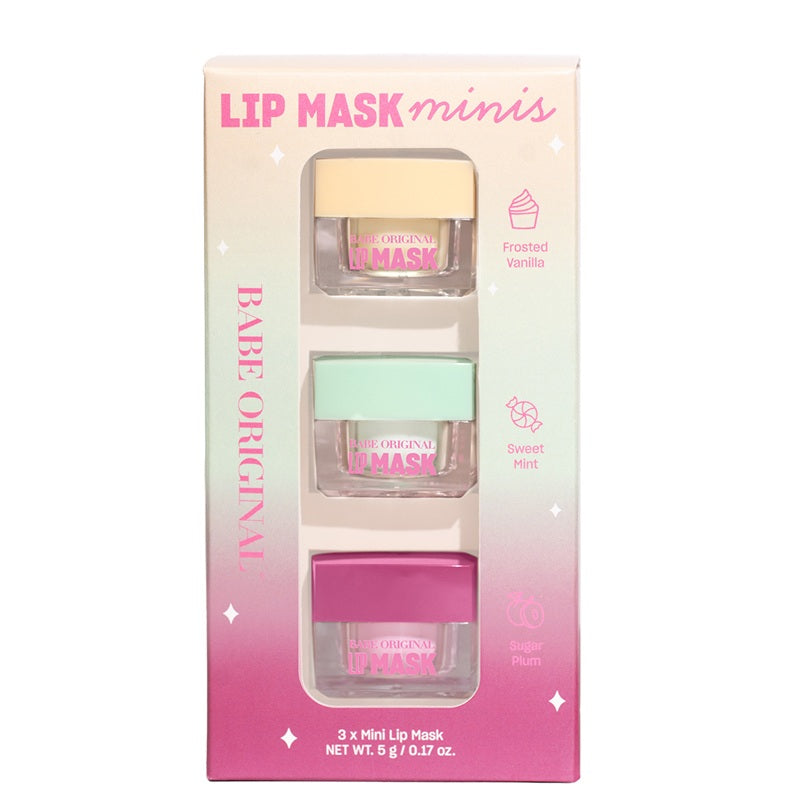 Babe lip mask mini jars in pink packaging.