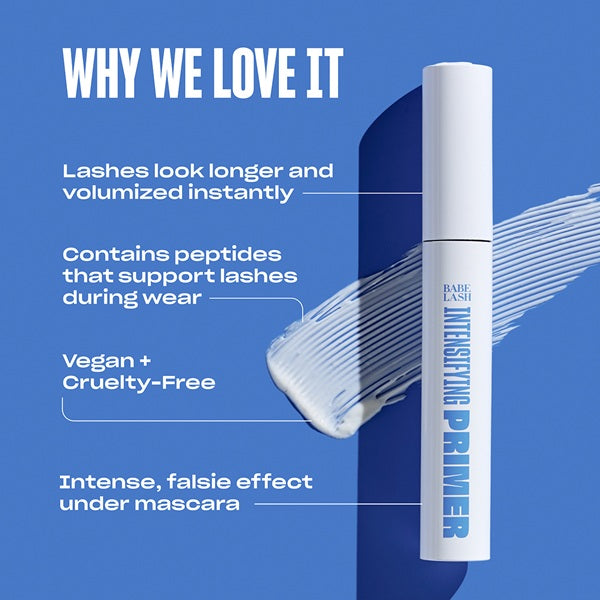 Mascara tube with text highlighting features on a blue background